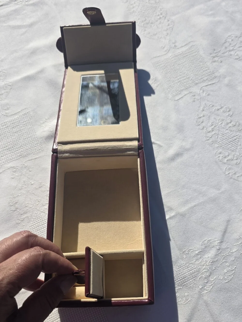 Vintage Burgundy Travel Jewelry Case Mirror Ring Storage Vanity Box